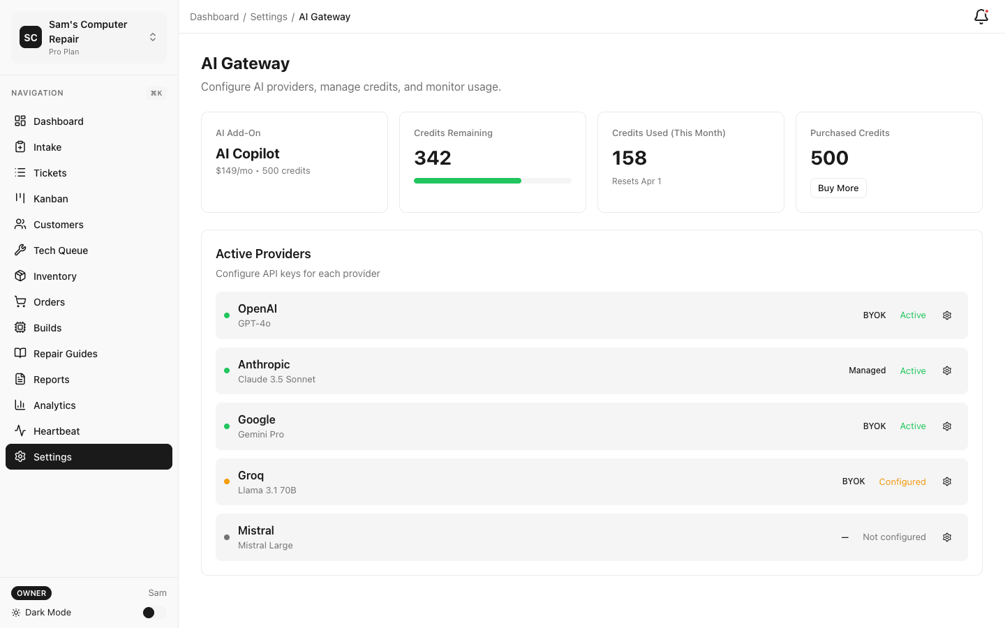 AI-powered features — AI settings, KB chat, system builder, and diagnostics assist