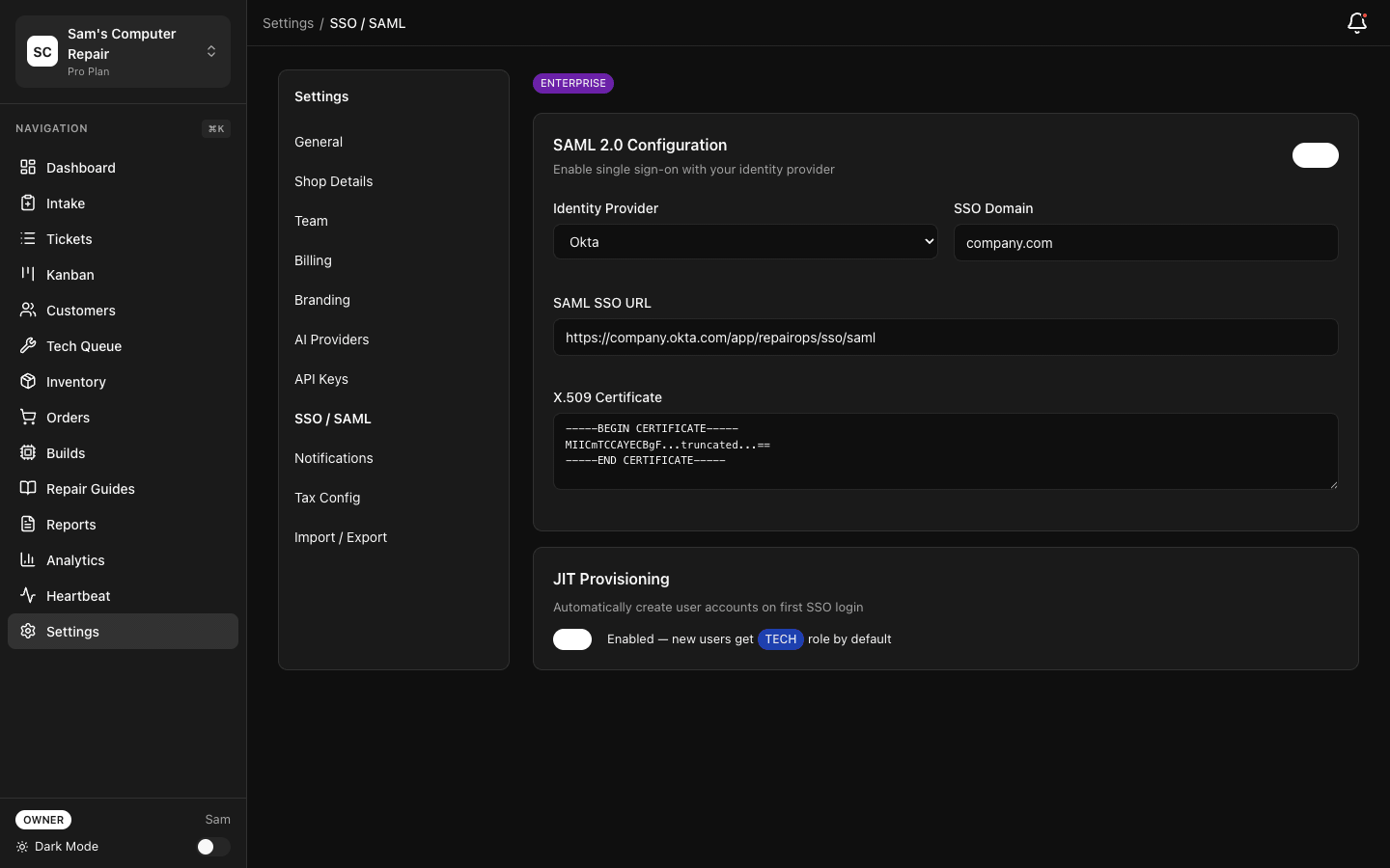 Enterprise features — SSO setup, API keys, branding, and admin operations
