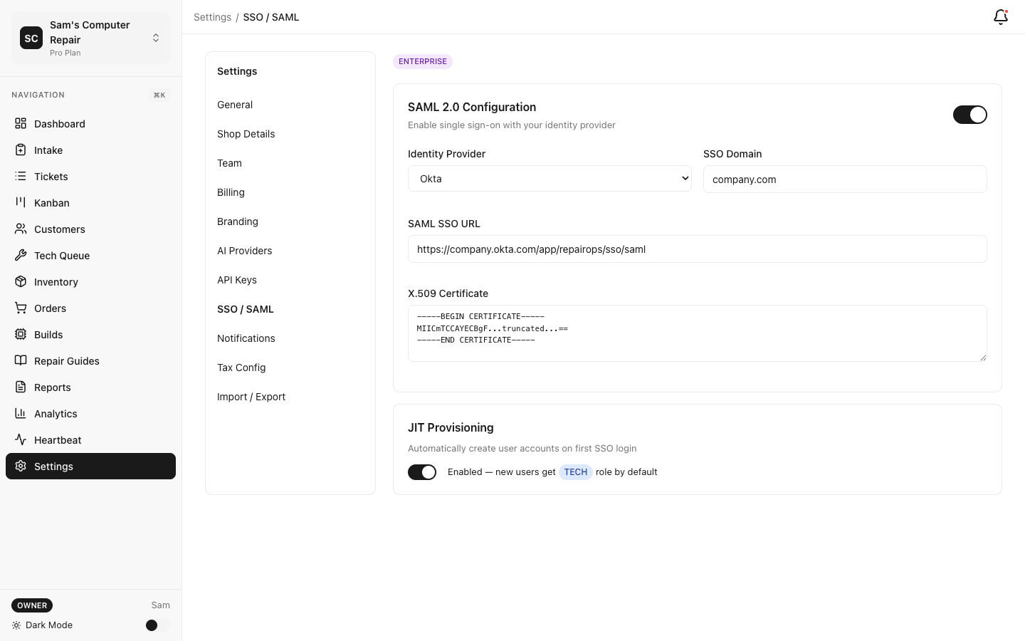 Enterprise features — SSO setup, API keys, branding, and admin operations