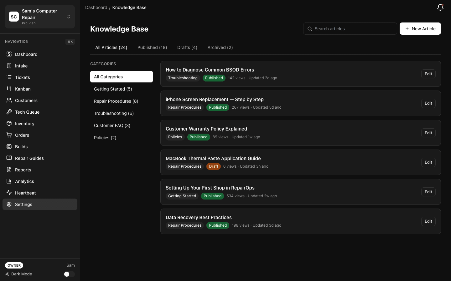 Knowledge Base and AI Chat — articles, AI-powered search, and repair guides