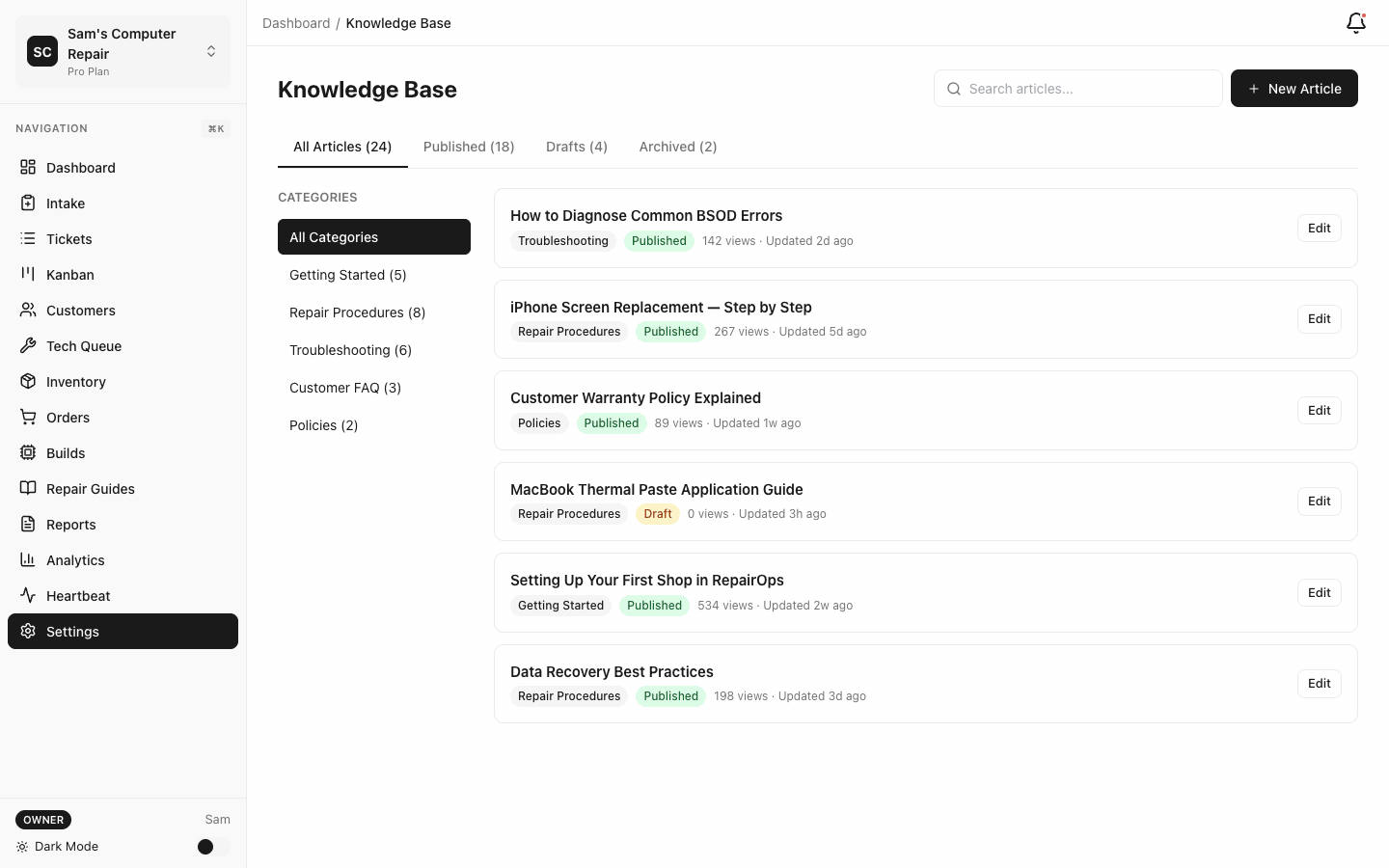 Knowledge Base and AI Chat — articles, AI-powered search, and repair guides