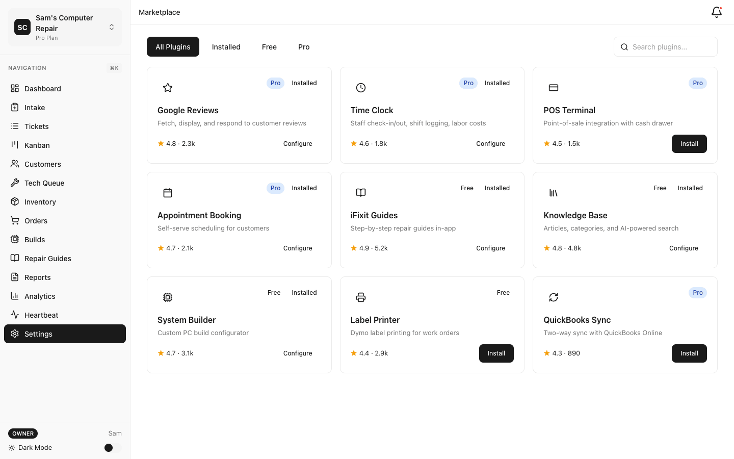 Plugin Marketplace showcase — reviews, time clock, POS, and appointments