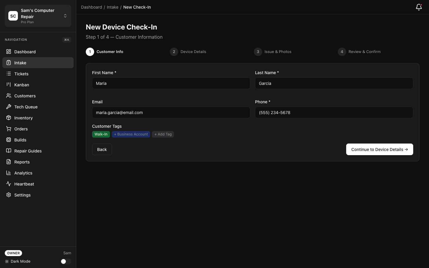 Complete repair workflow — intake form to pickup completion