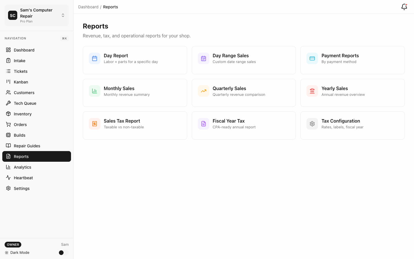 Reports and analytics overview — daily reports, tax reports, and payment breakdowns
