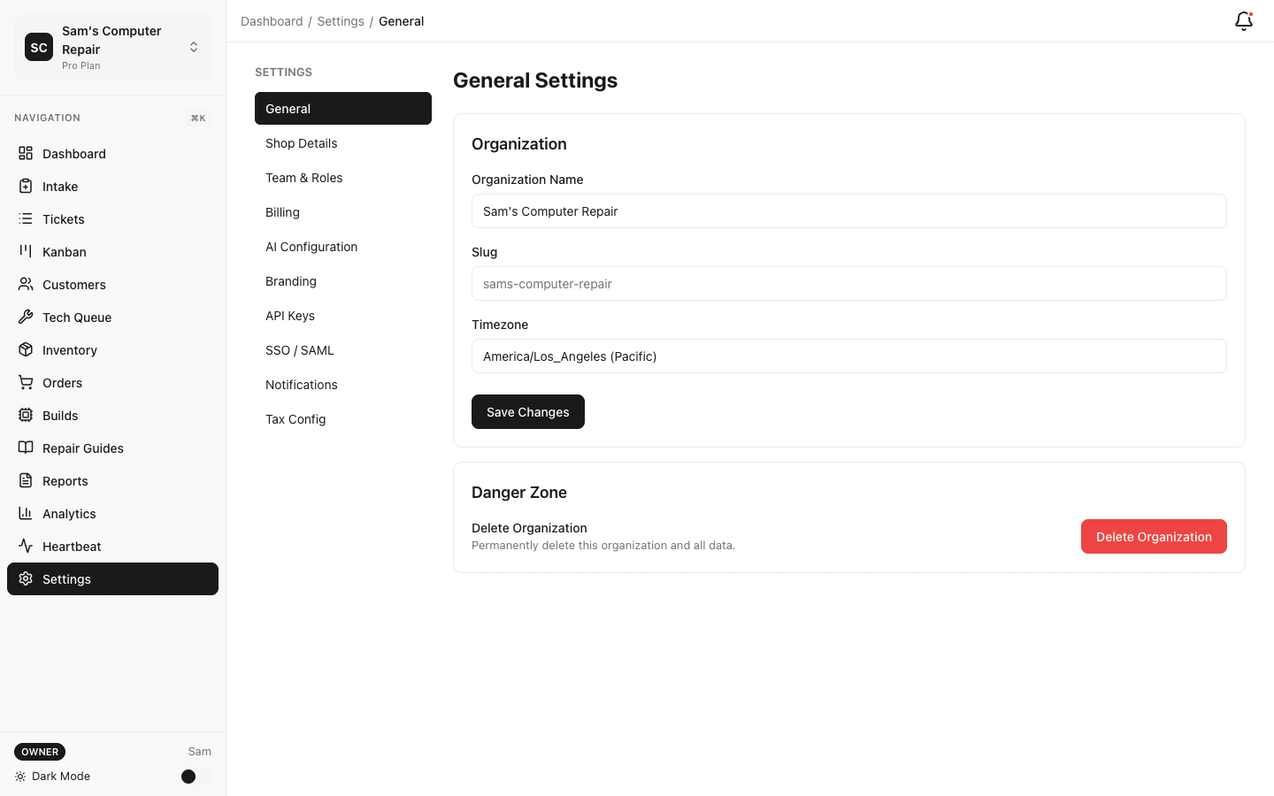 RepairOps settings configuration walkthrough — general, shop, team, billing, branding, and tax settings
