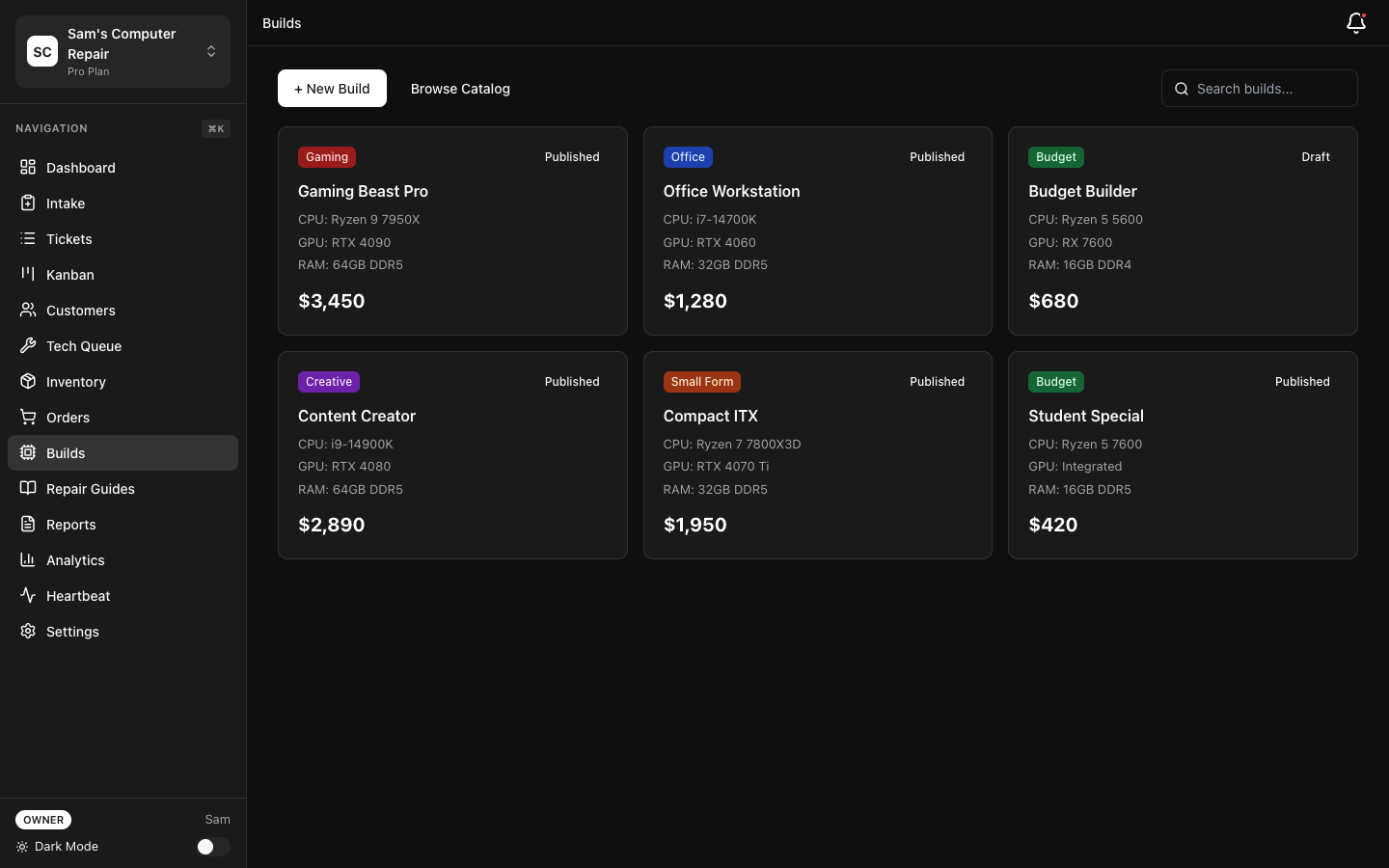 RepairOps Builds List showing draft and completed system configurations