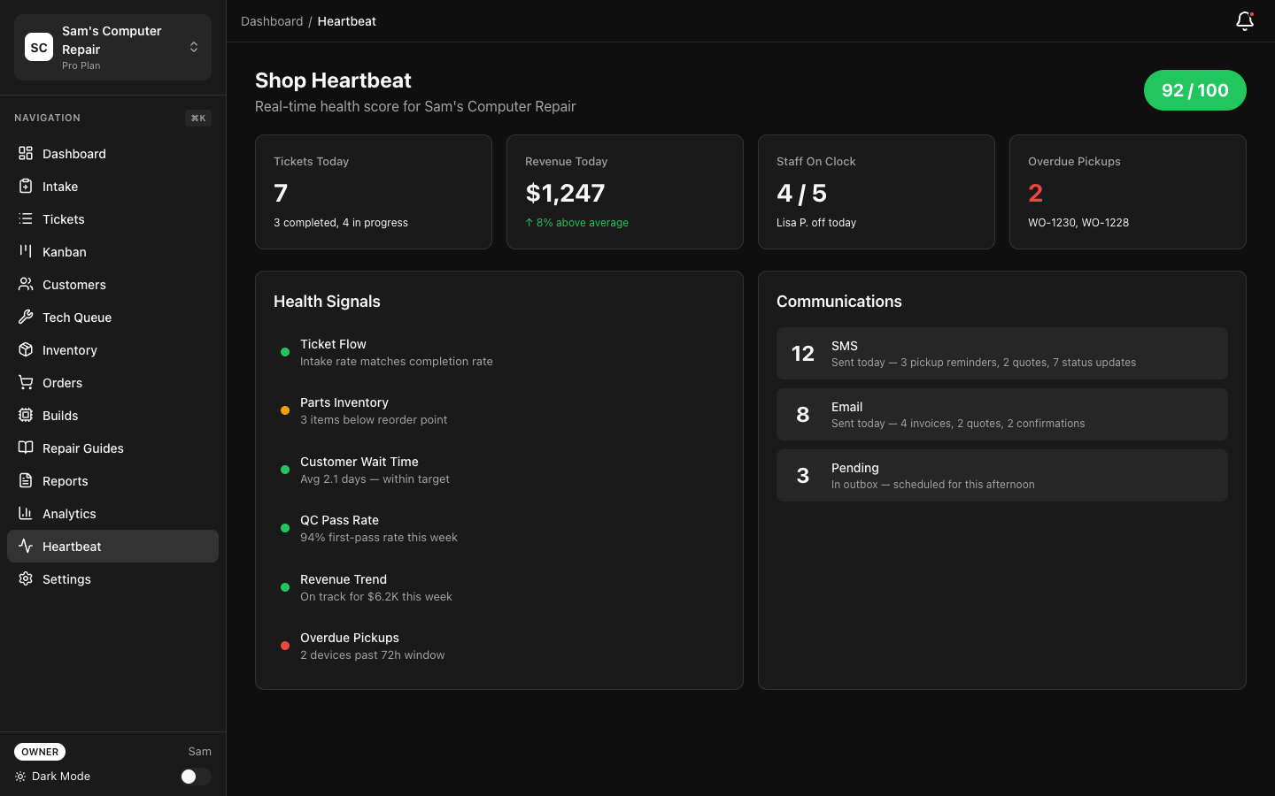 RepairOps Heartbeat monitor showing real-time shop activity