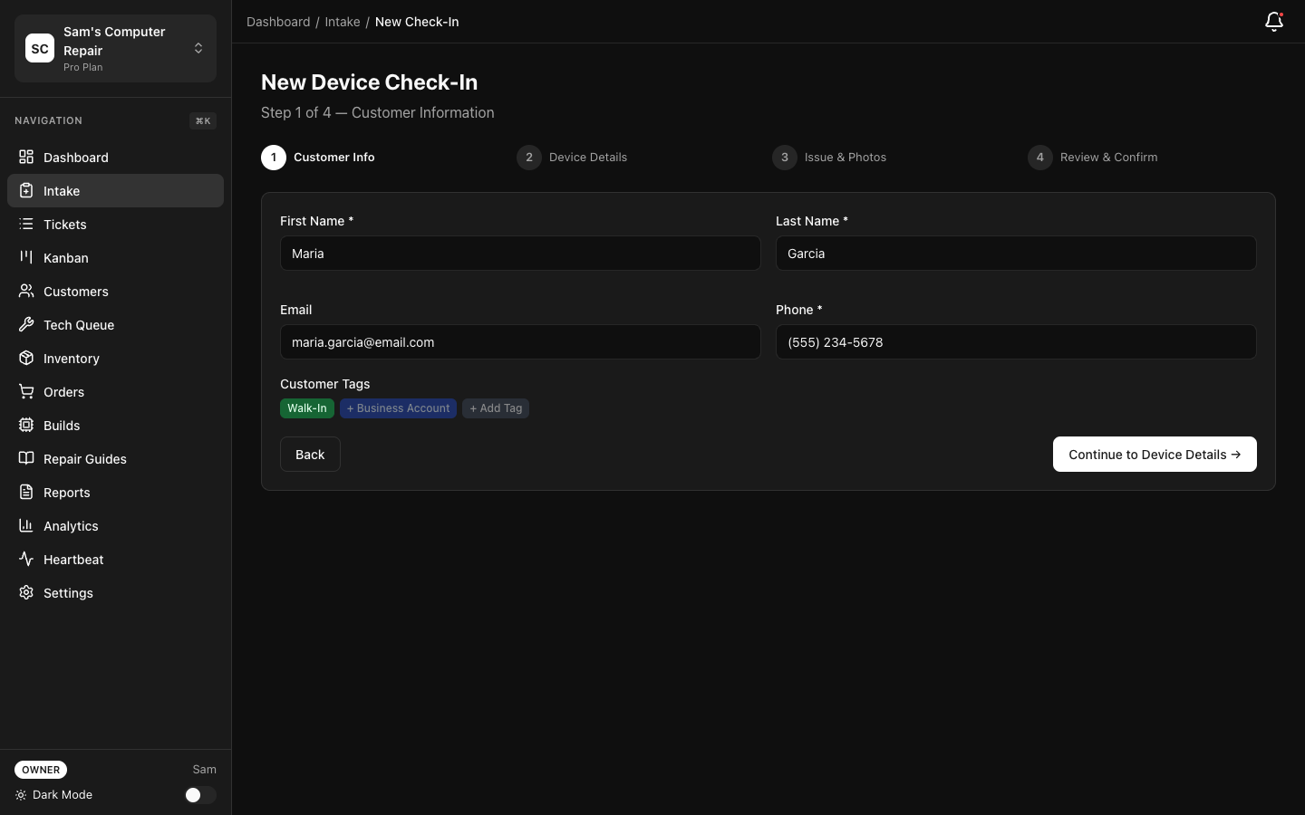 RepairOps Intake wizard for new repair check-in
