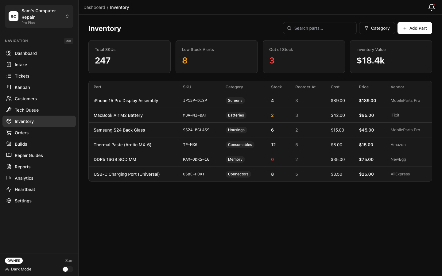 RepairOps Inventory management showing parts stock levels and reorder points