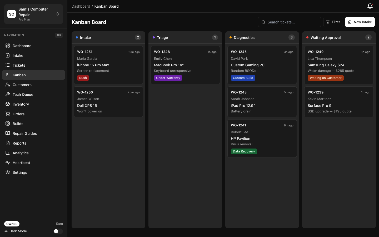 RepairOps Kanban board showing ticket columns by repair status