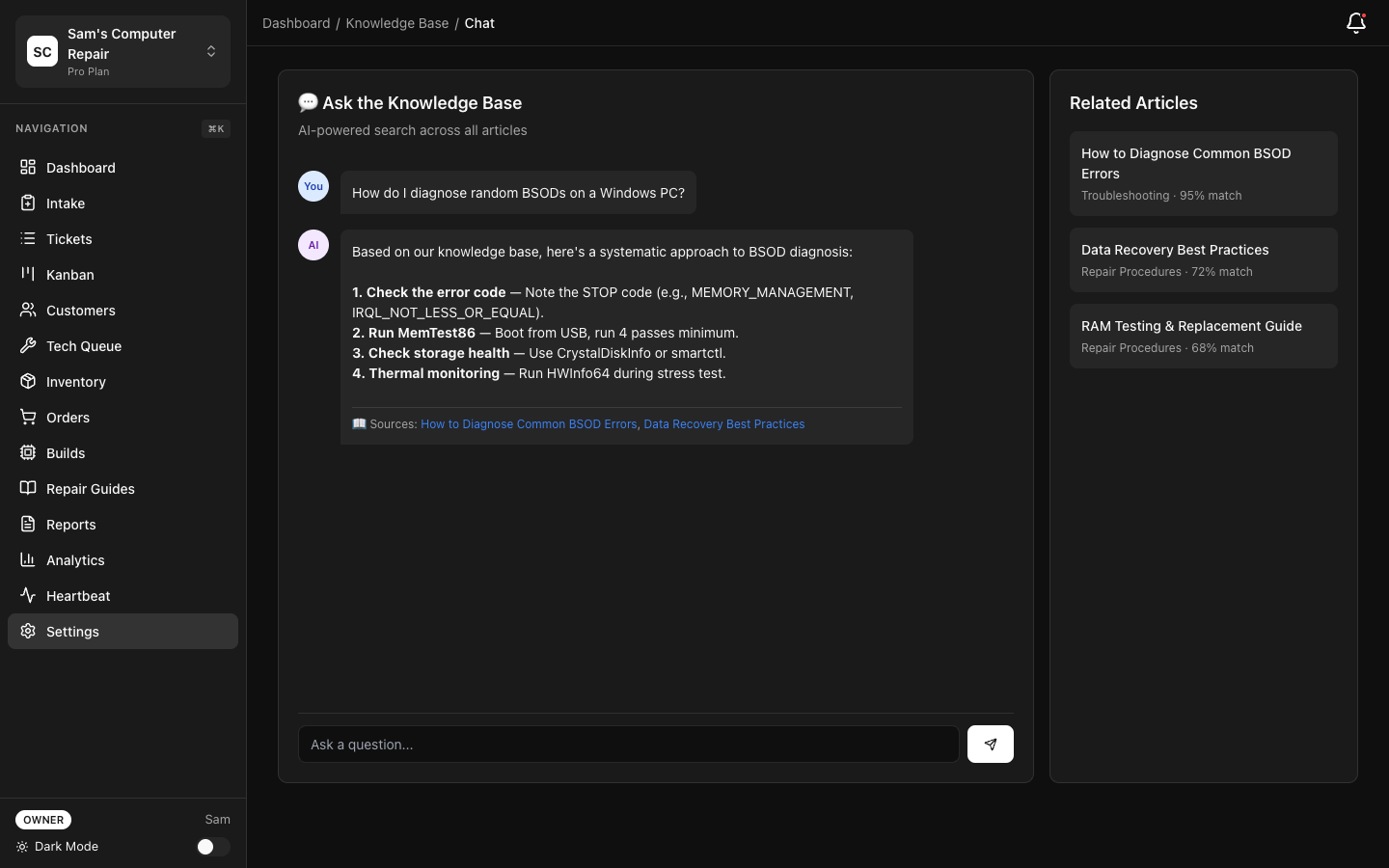 RepairOps KB Chat with AI-powered search and answers