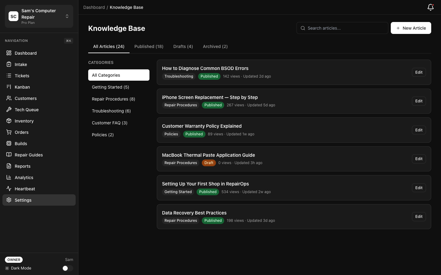 RepairOps Knowledge Base with searchable repair articles