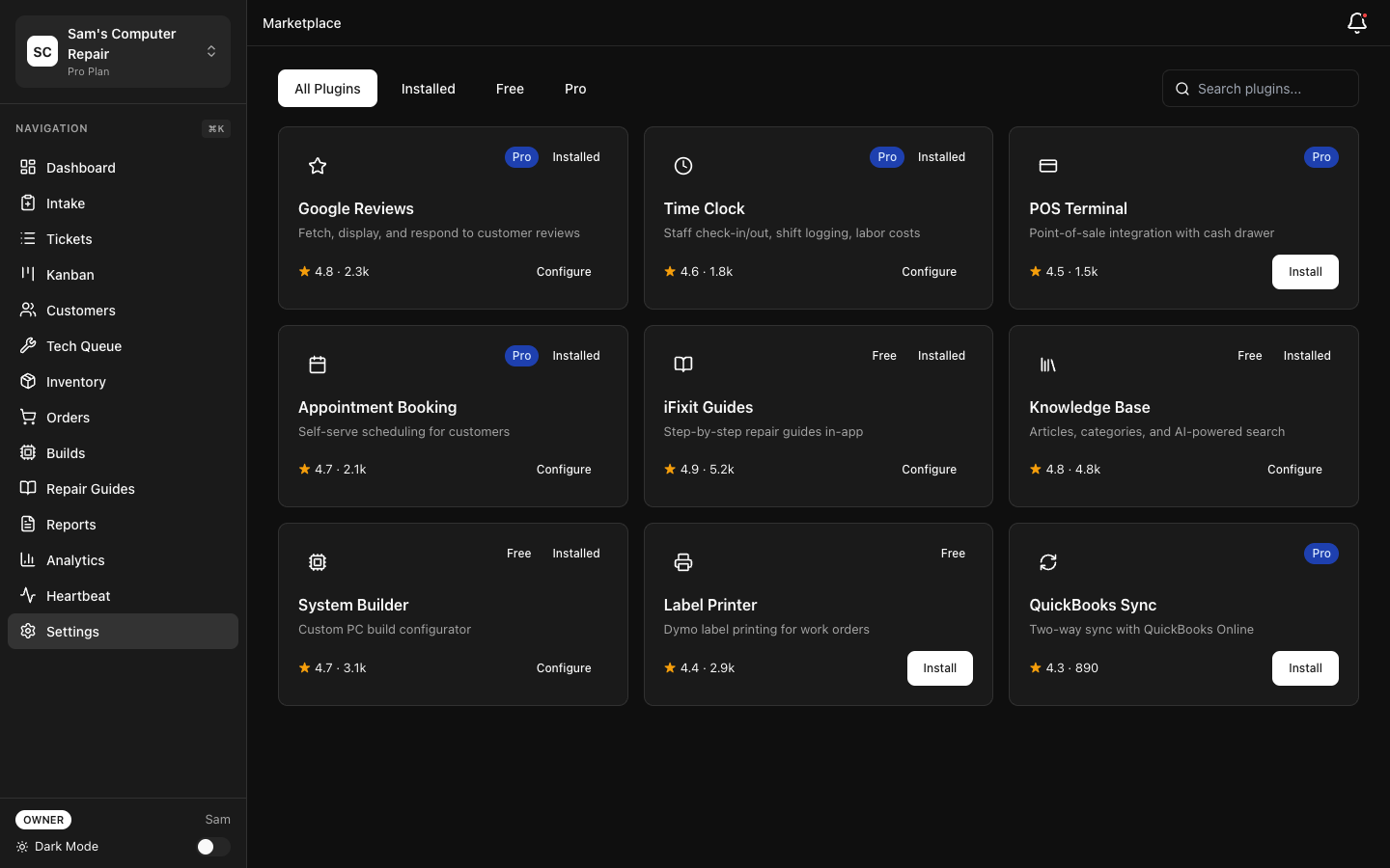 RepairOps Plugin Marketplace for distributing custom plugins