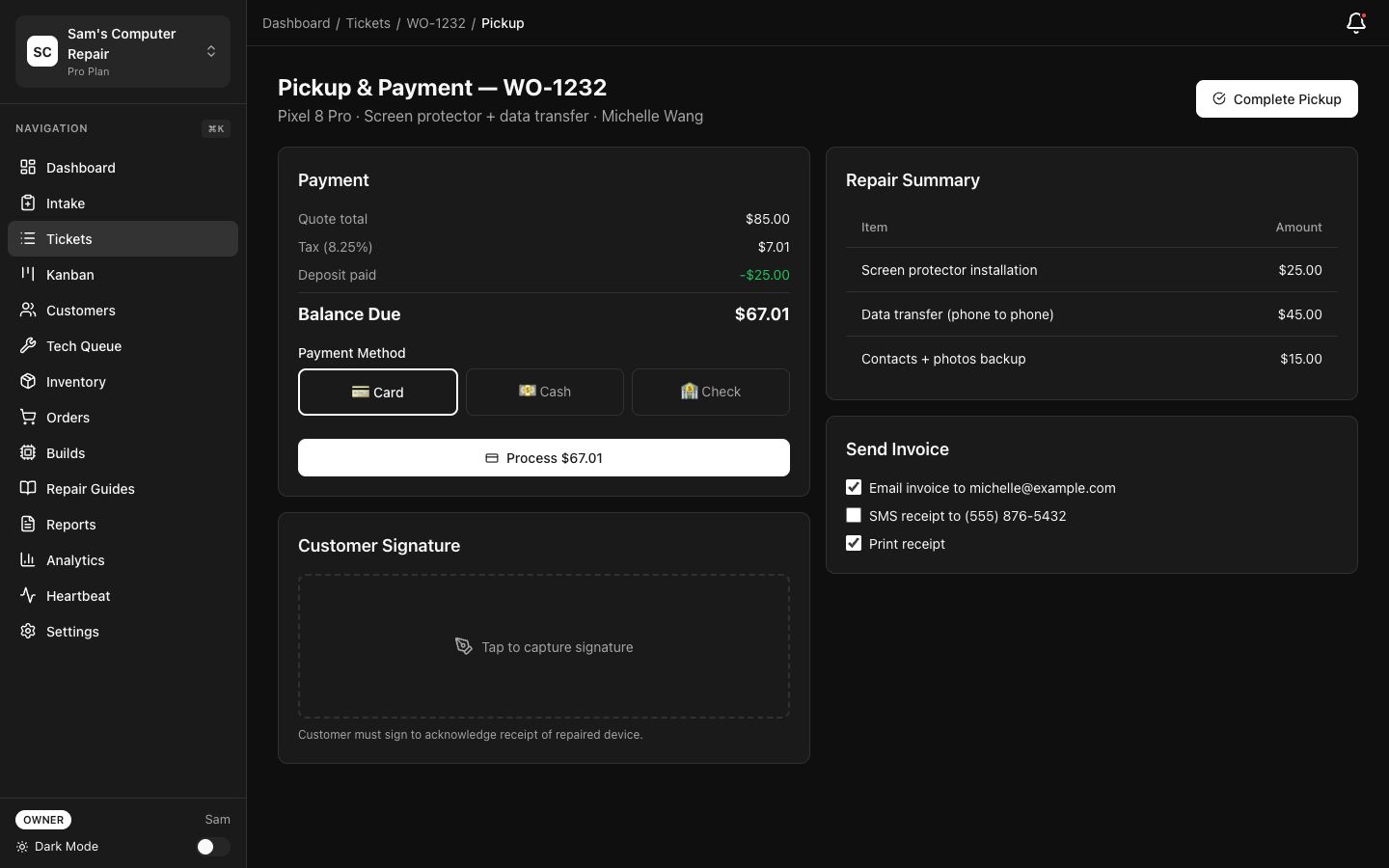 RepairOps Pickup screen with payment processing and signature capture