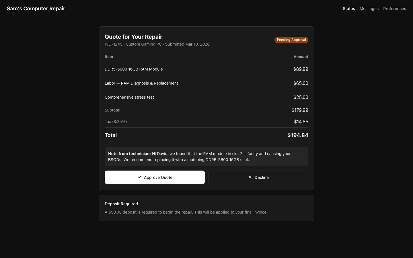 RepairOps Customer Portal quote approval screen