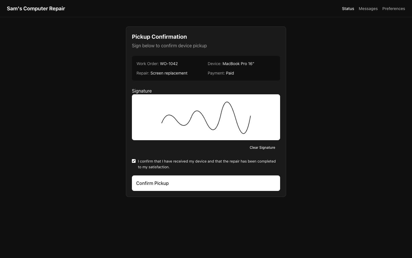 RepairOps Customer Portal signature capture screen