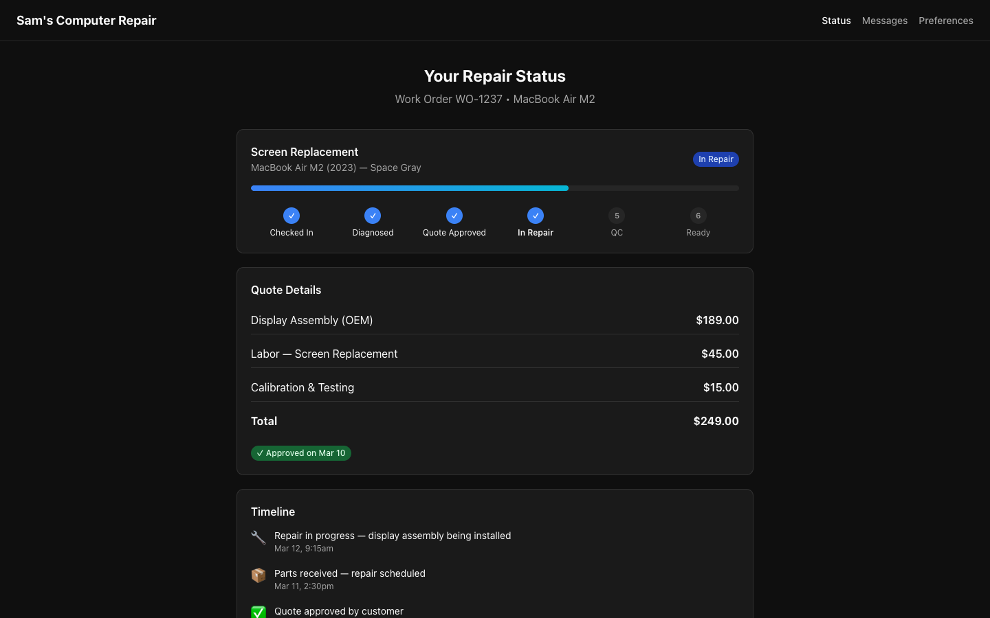 RepairOps Customer Portal showing repair status tracker