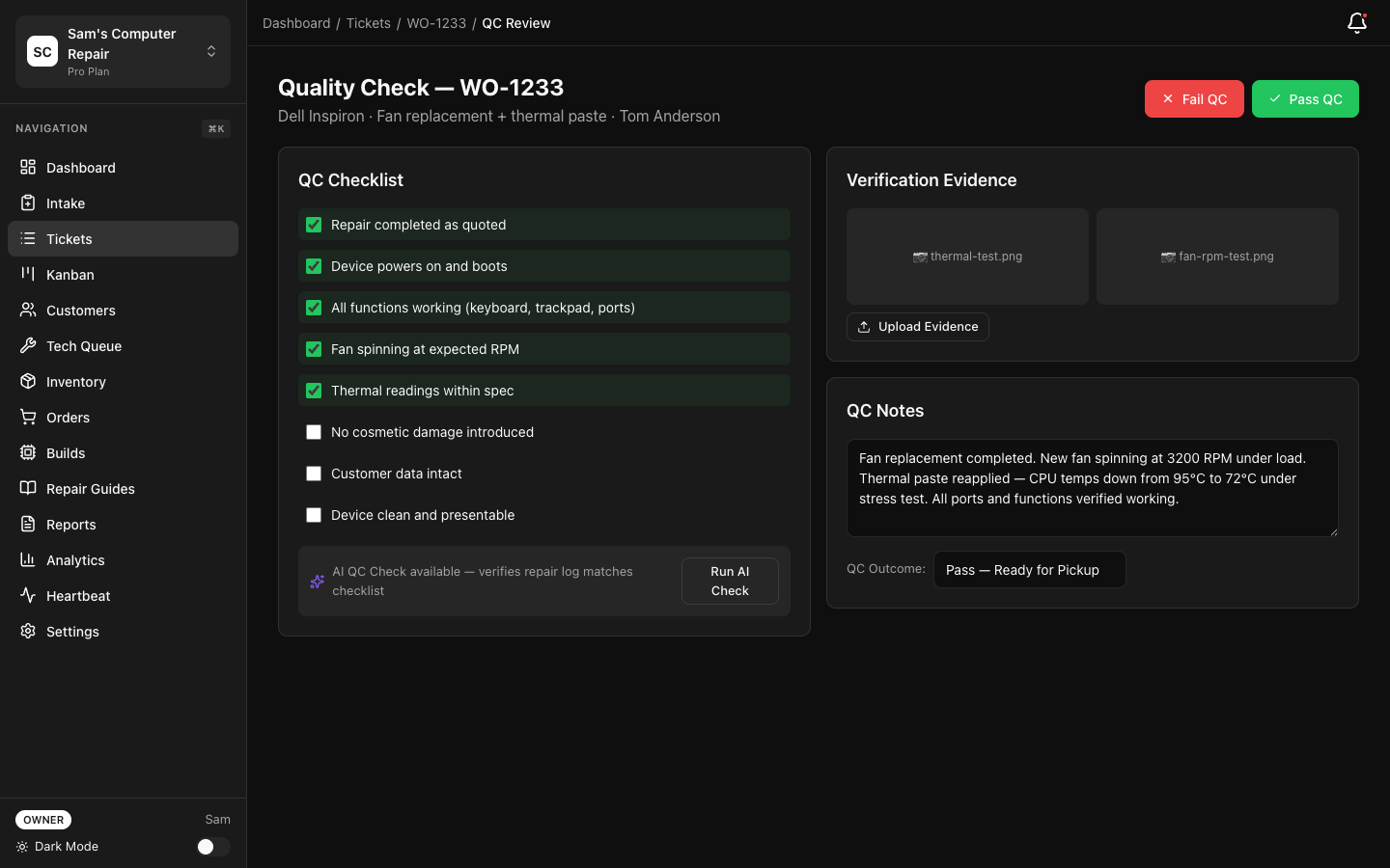 RepairOps QC Review checklist and pass/fail controls