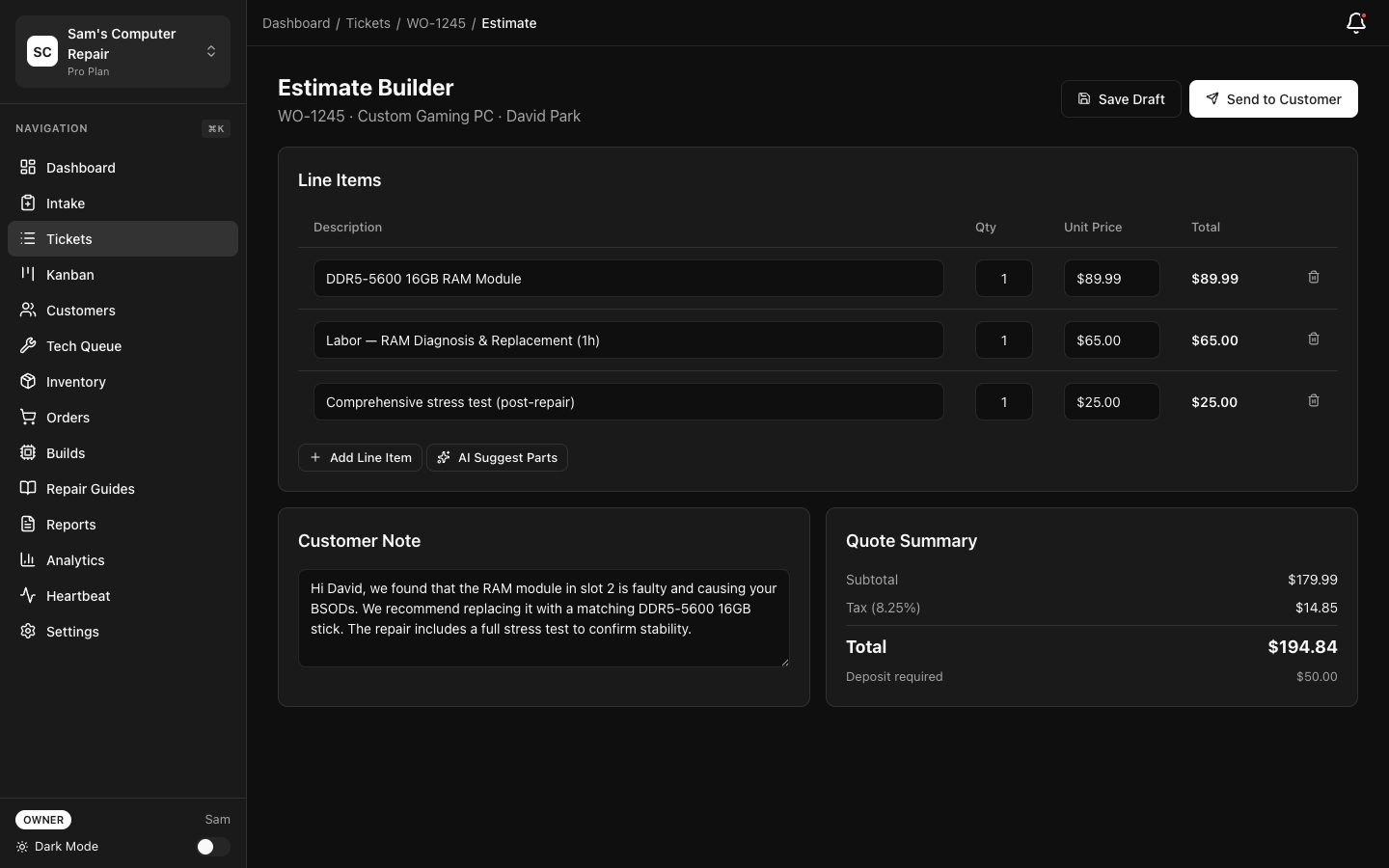 RepairOps Quote Builder with line items for parts, labor, and services