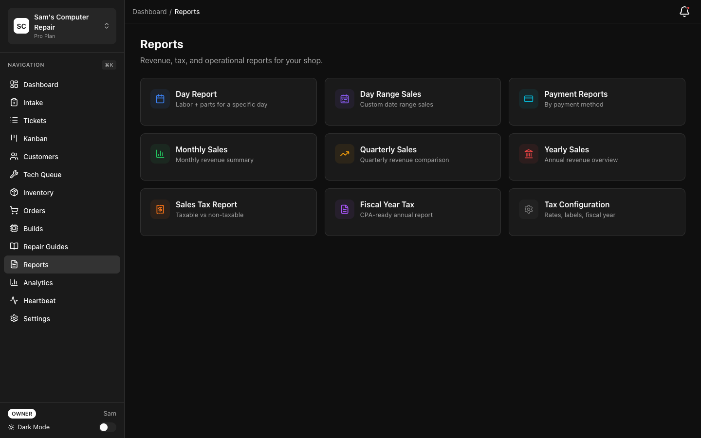 RepairOps Reports hub with daily, tax, and payment reports