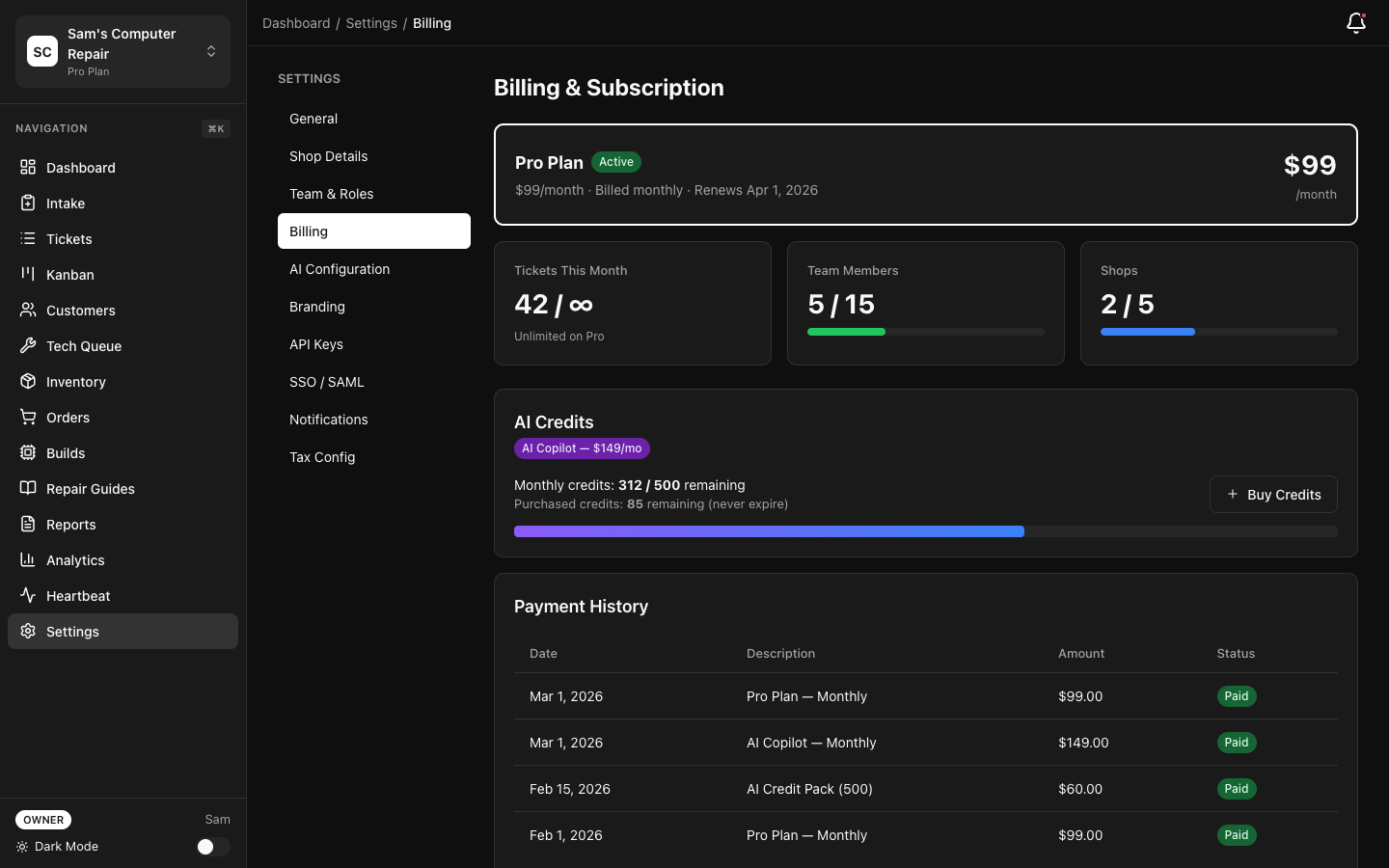 RepairOps Billing settings showing plan, usage meters, and invoices