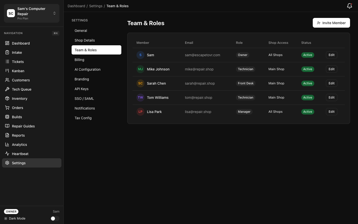 RepairOps Team settings showing team member management