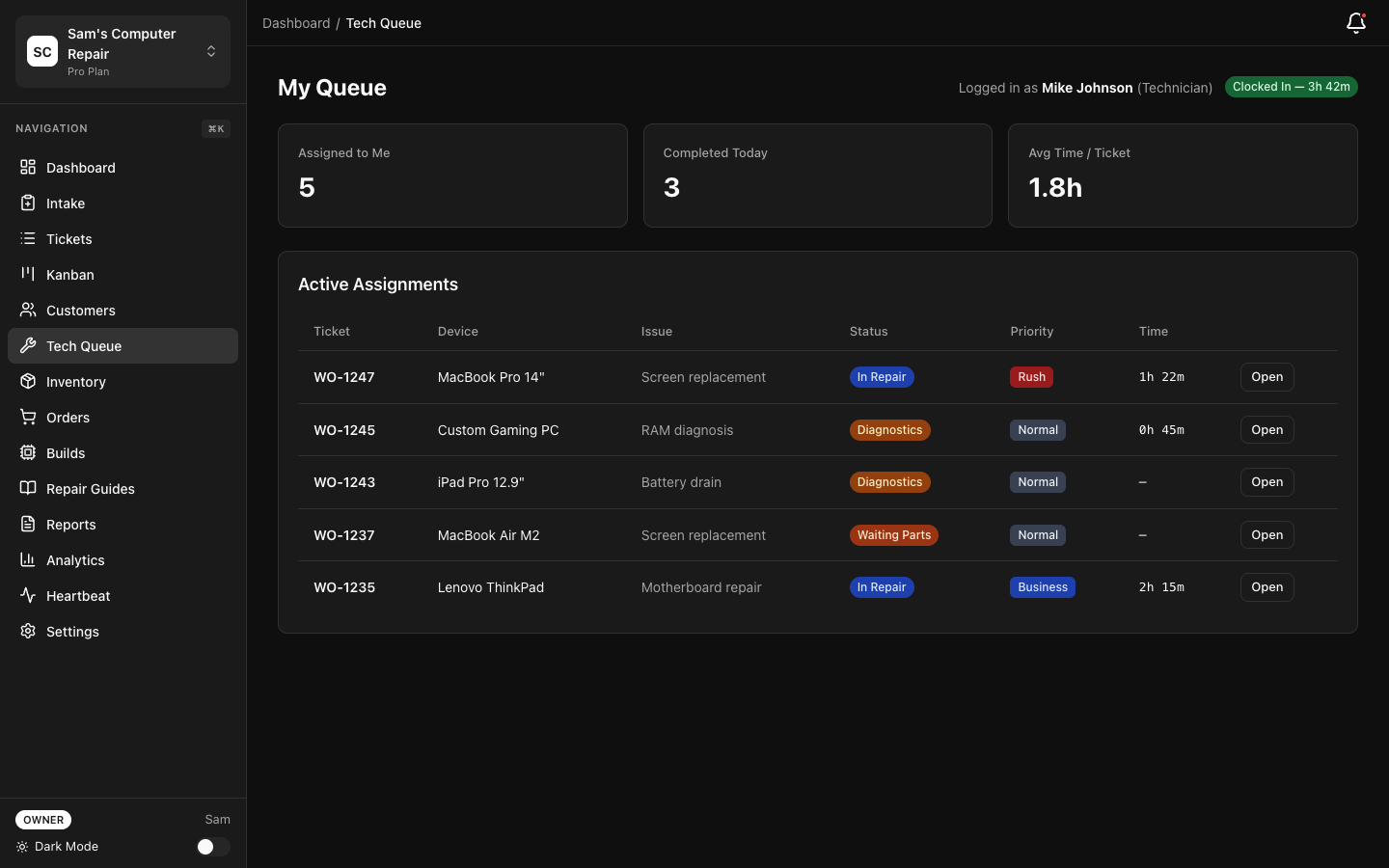 RepairOps Technician Queue showing assigned repair tickets