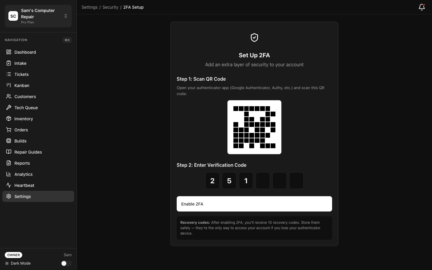 RepairOps Two-Factor Authentication setup with QR code and backup codes