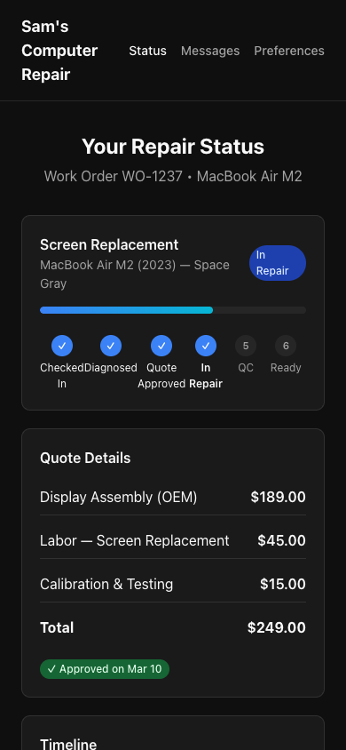 RepairOps Customer Portal status tracker on mobile