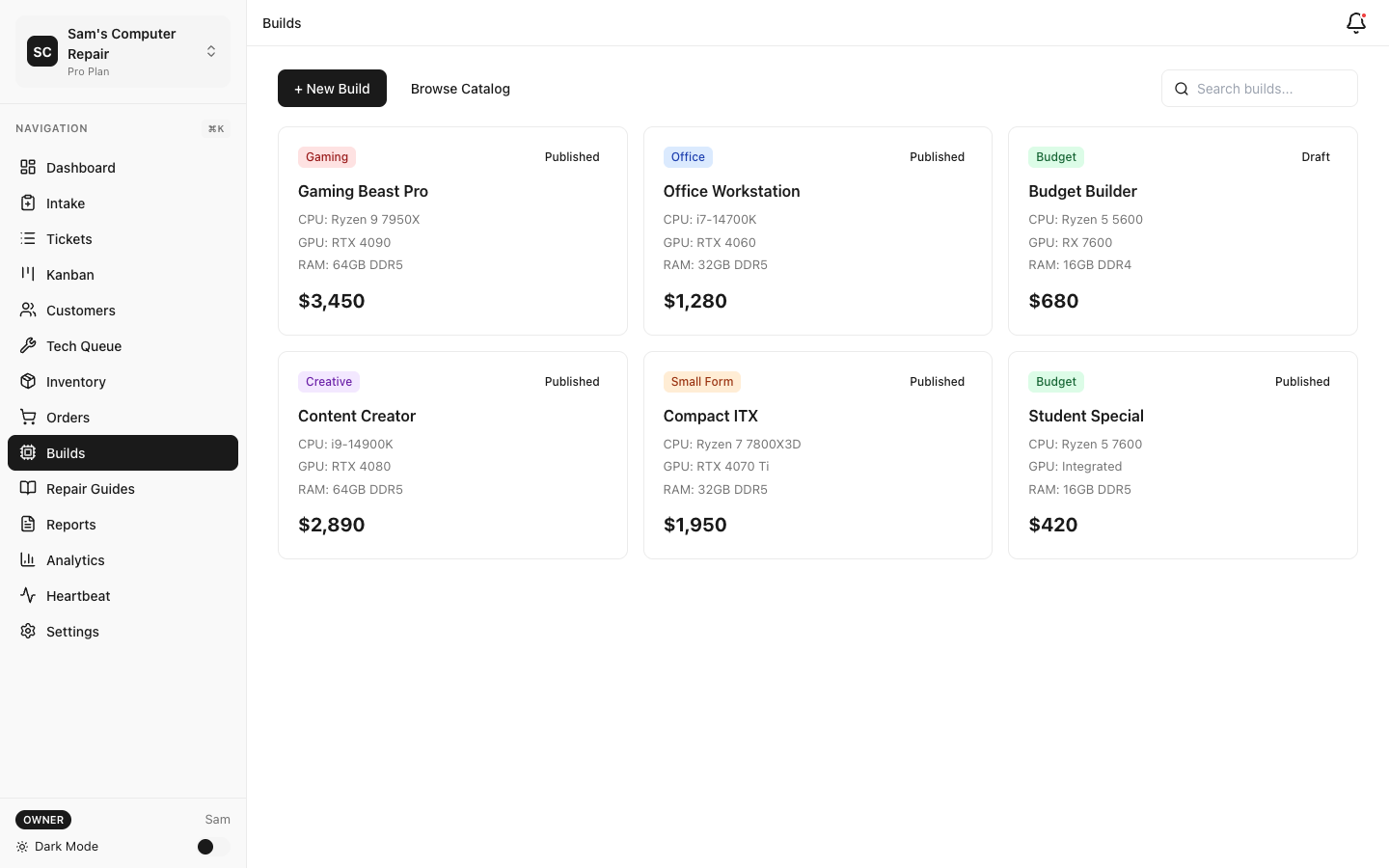 RepairOps Builds List showing draft and completed system configurations