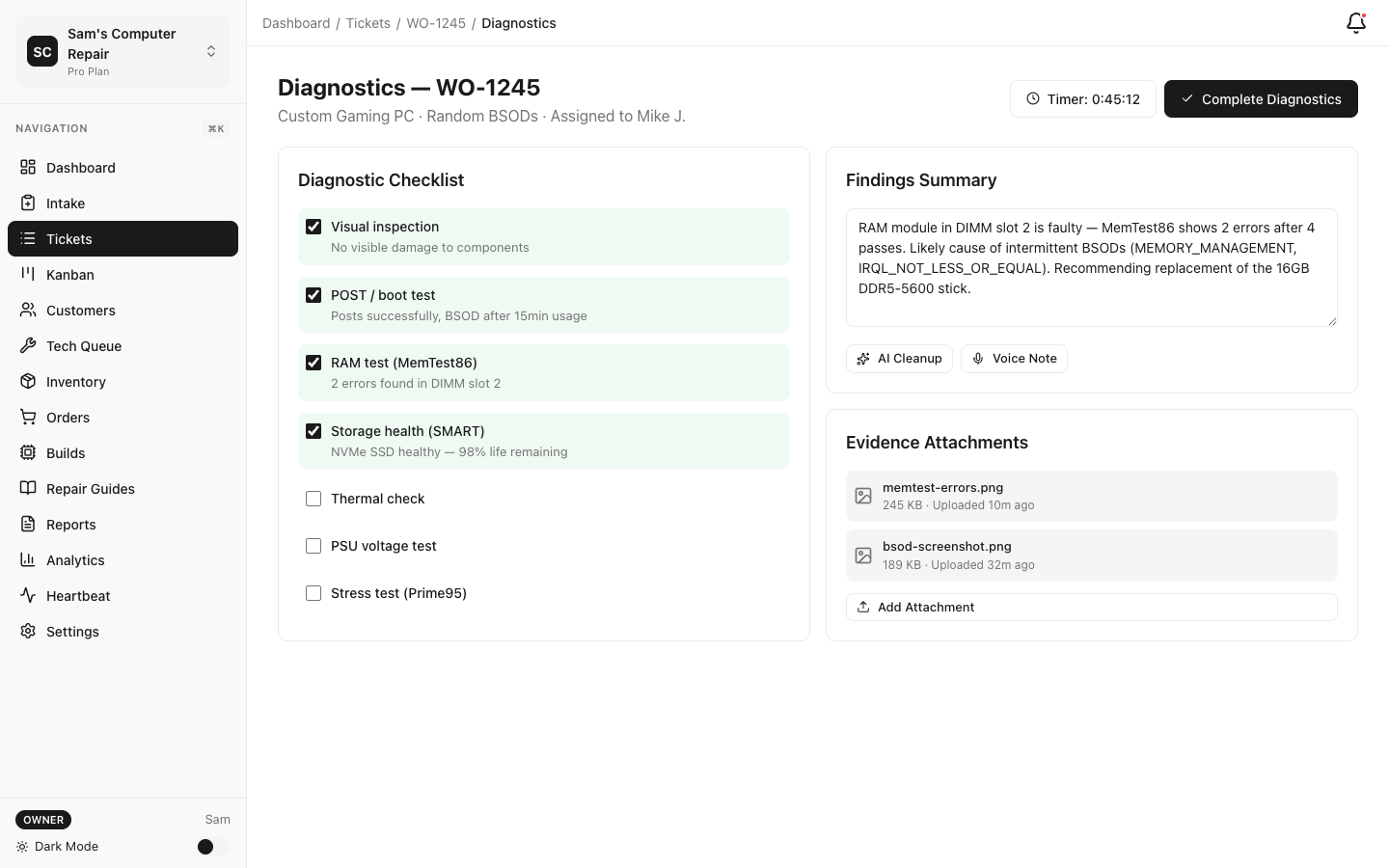 RepairOps Diagnostics view with AI-assisted analysis