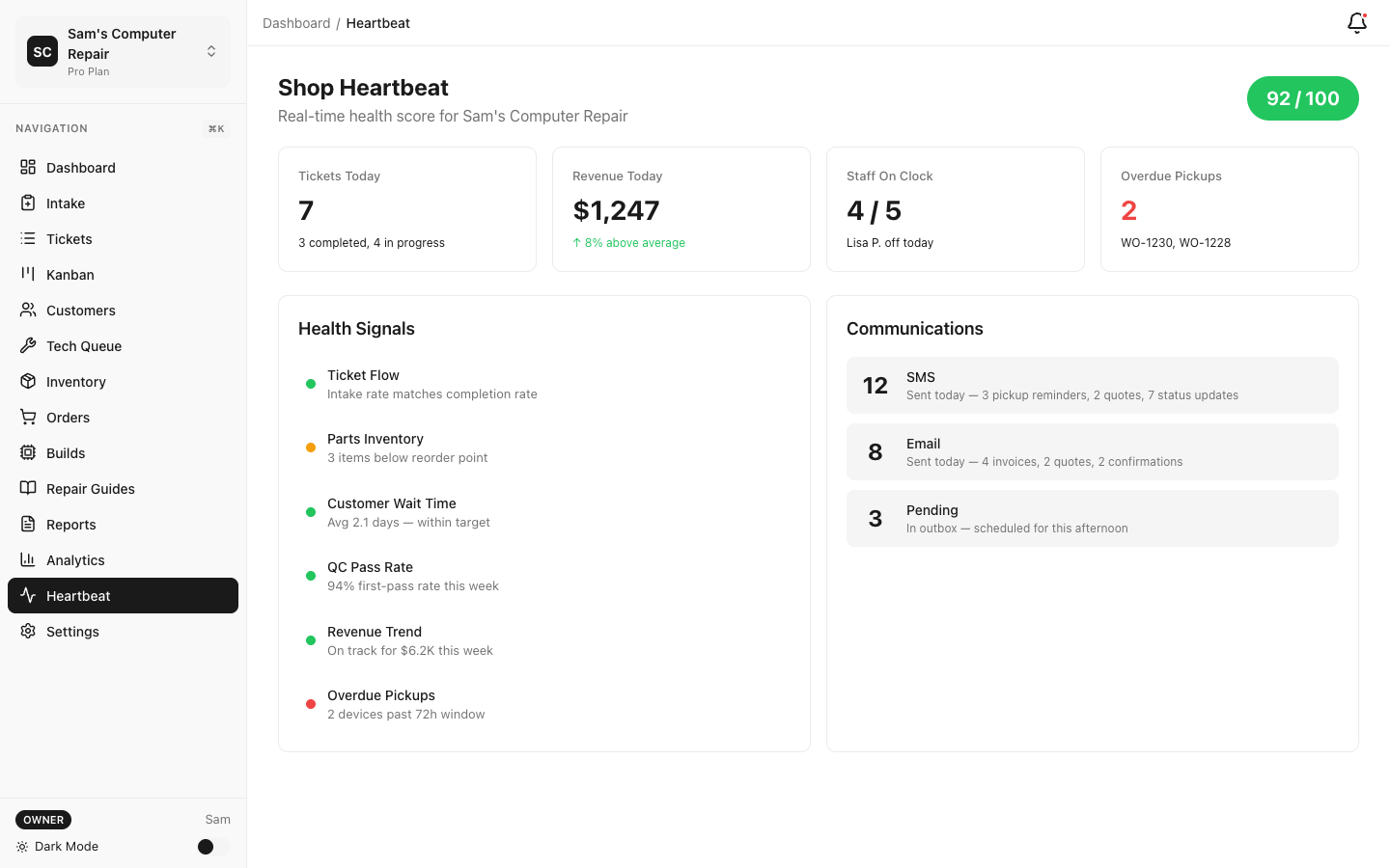 RepairOps Heartbeat monitor showing real-time shop activity