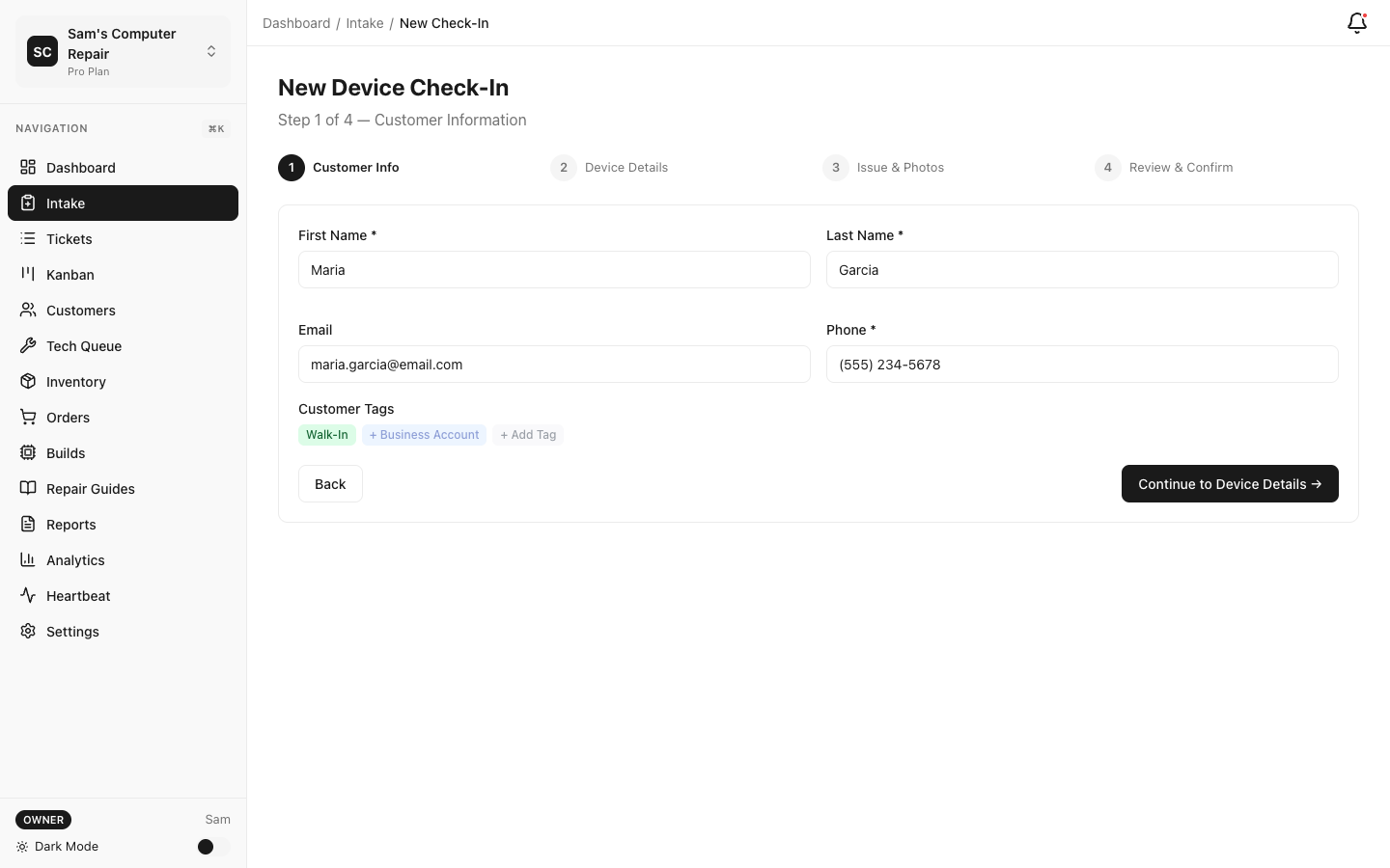RepairOps Intake wizard for new repair check-in