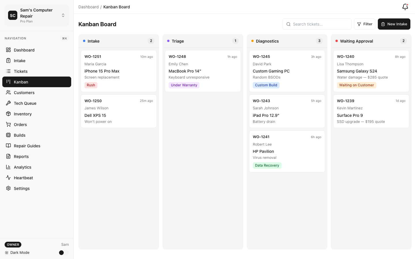 Kanban board with ticket columns