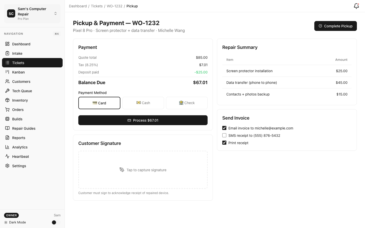 RepairOps Pickup screen with payment processing and signature capture