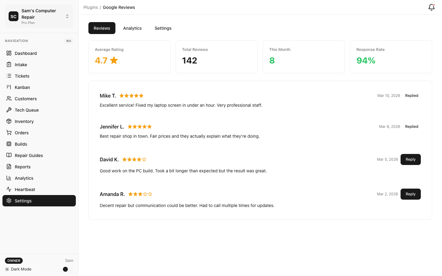 RepairOps Google Reviews plugin integration