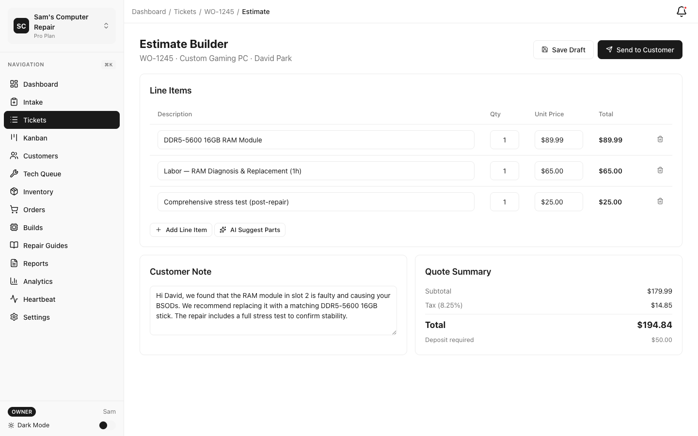 RepairOps Quote Builder with line items for parts, labor, and services