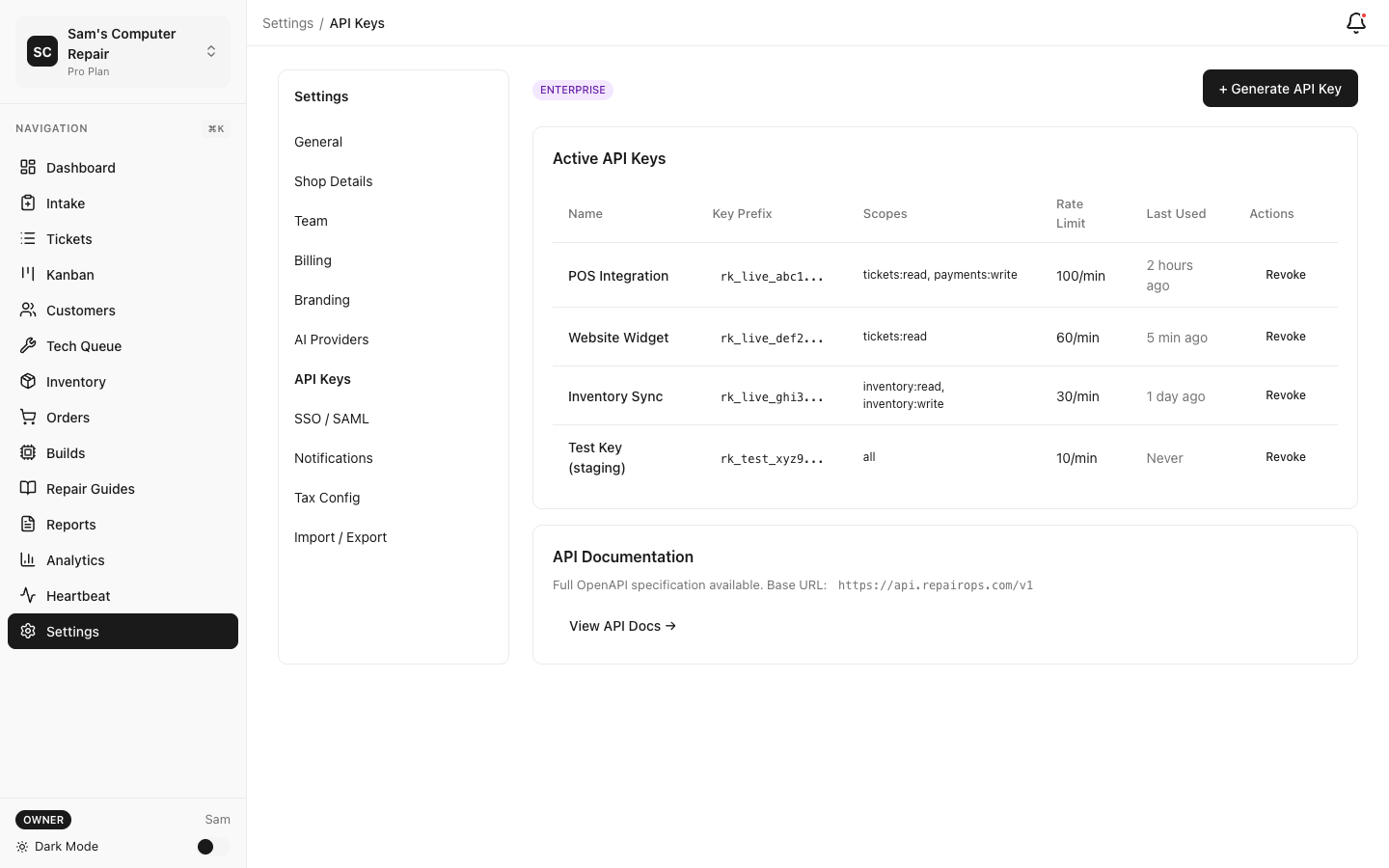 RepairOps API Key management with scoped permissions