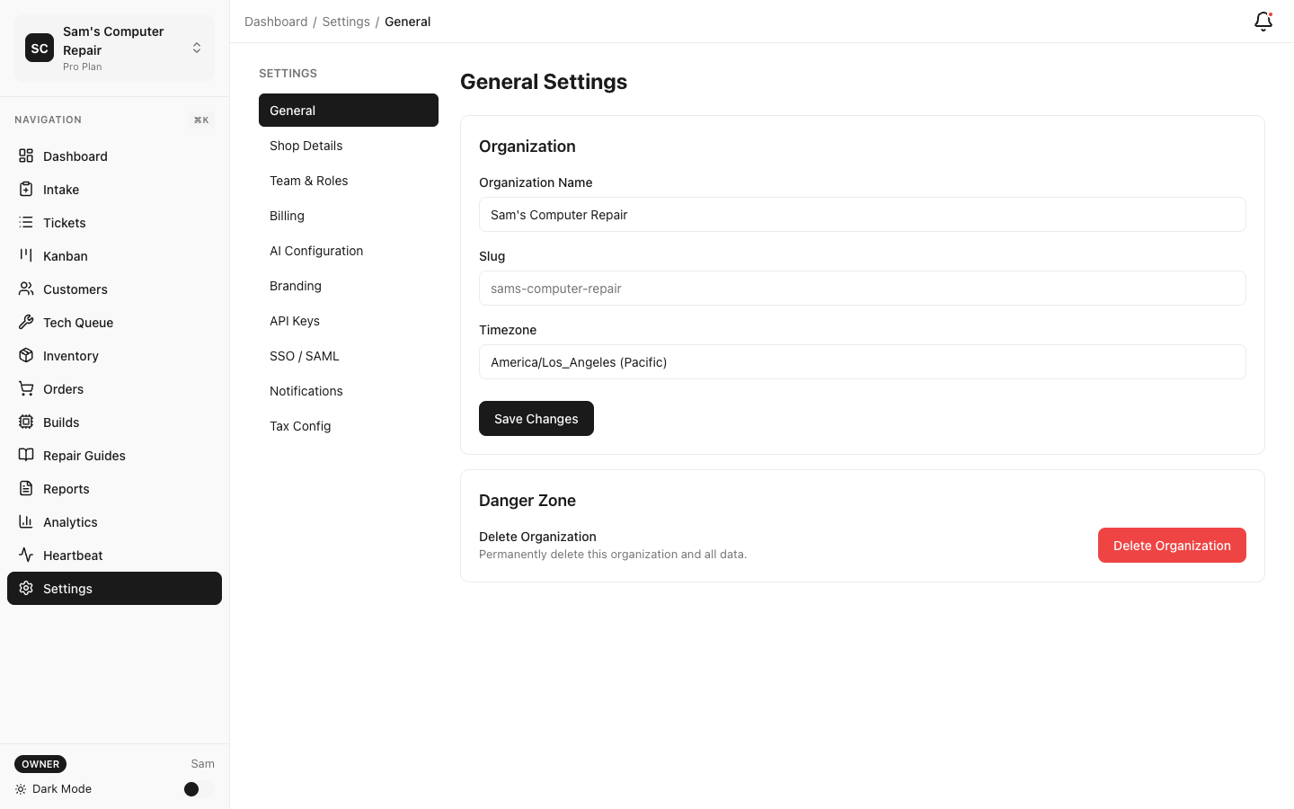 RepairOps General Settings for organization configuration