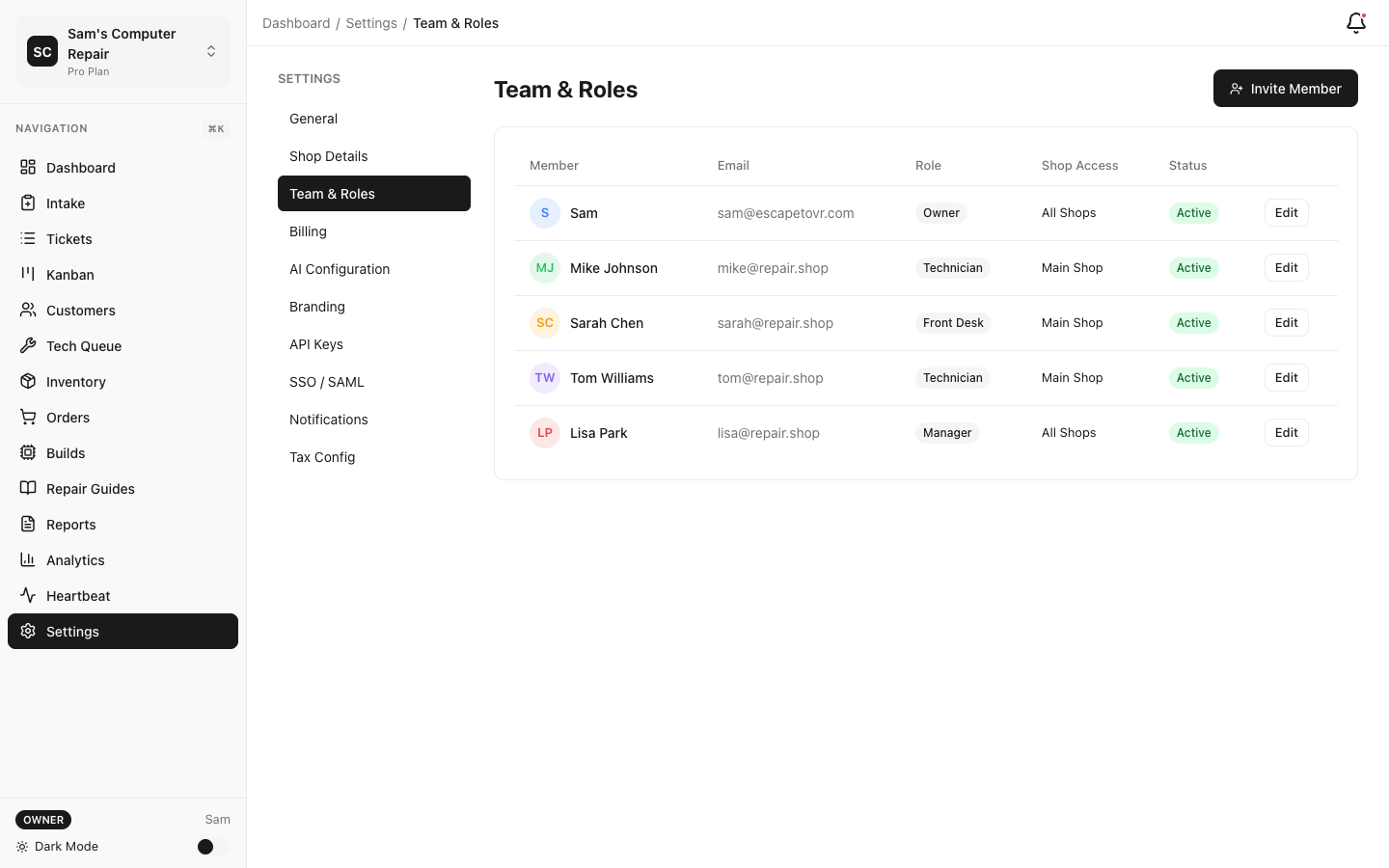RepairOps Team settings showing team member management