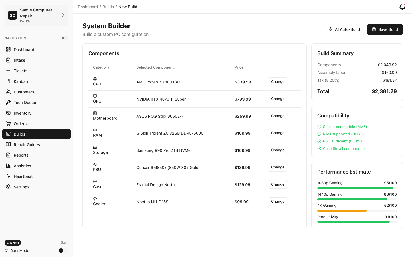 RepairOps System Builder with component selection and compatibility checking