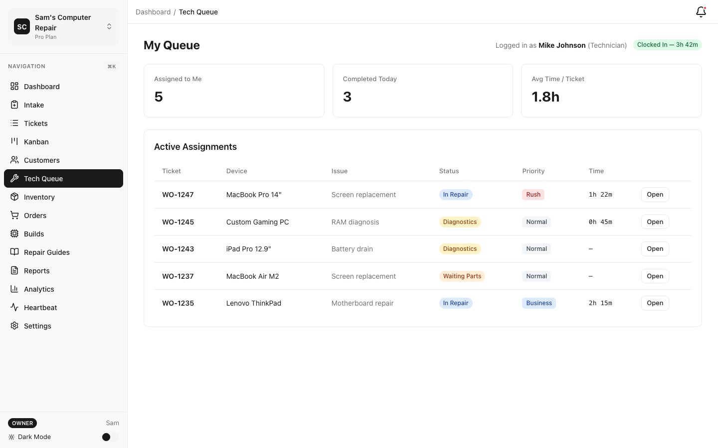 RepairOps Technician Queue showing assigned repair tickets