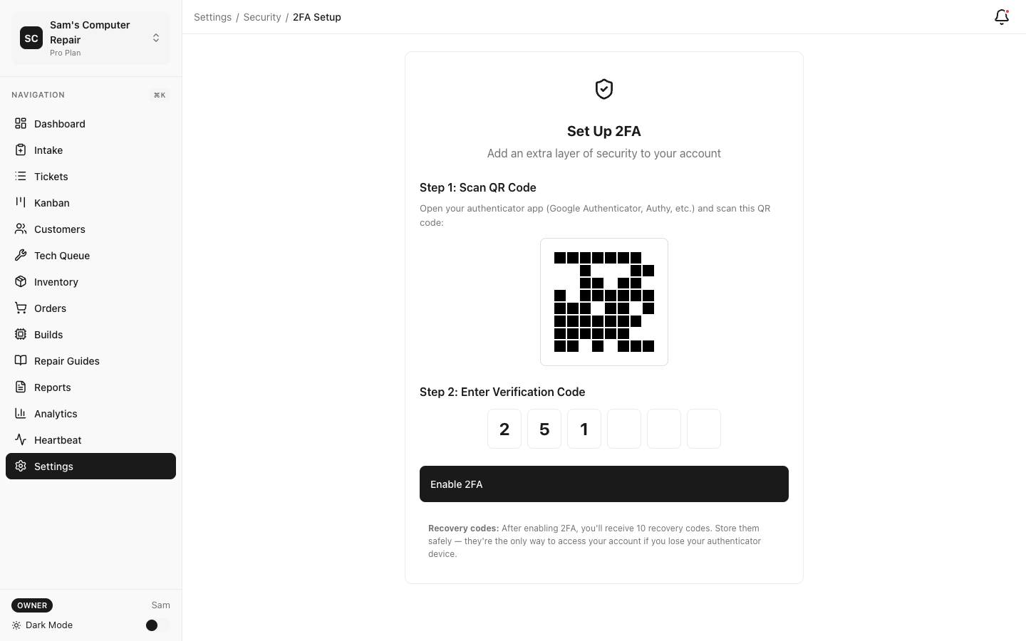 RepairOps Two-Factor Authentication setup with QR code and backup codes