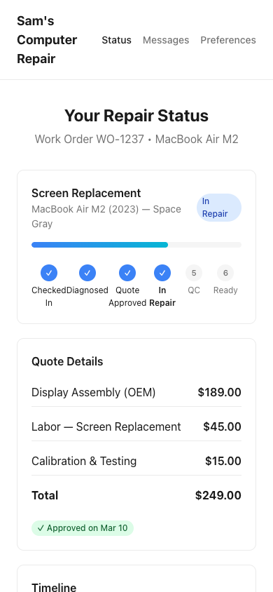 RepairOps Customer Portal status tracker on mobile